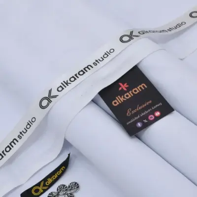 Alkaram Men’s Unstitched Soft Cotton Plain Suit – Summer Wear, White (4.5 Meter Fabric).