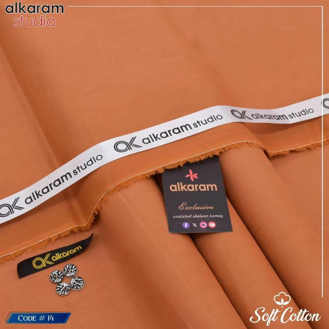 Alkaram Fabrics Men’s Unstitched Soft Cotton Plain Suit – 4.5 Meter Summer Fabric (Orange)