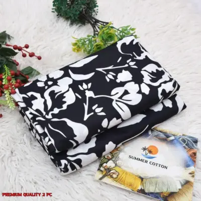 Stylish 2 Pcs Women’s Unstitched Digital Printed Micro Polo Cotton Suit – Black | Printed Shirt & Trouser (2.5 Gazz Each)