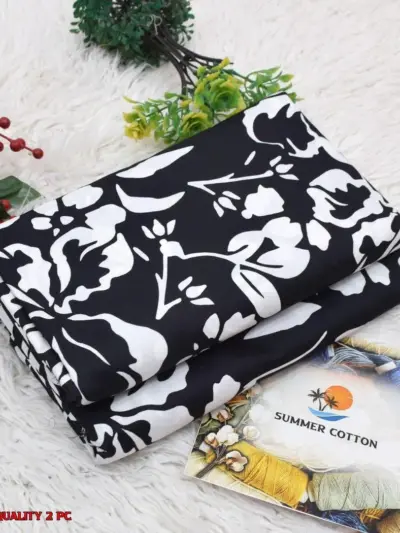 Stylish 2 Pcs Women’s Unstitched Digital Printed Micro Polo Cotton Suit – Black | Printed Shirt & Trouser (2.5 Gazz Each)