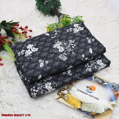 Stylish 2 Pcs Women’s Unstitched Digital Printed Micro Polo Cotton Suit – Black (Shirt & Trouser)