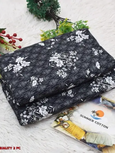 Stylish 2 Pcs Women’s Unstitched Digital Printed Micro Polo Cotton Suit – Black (Shirt & Trouser)