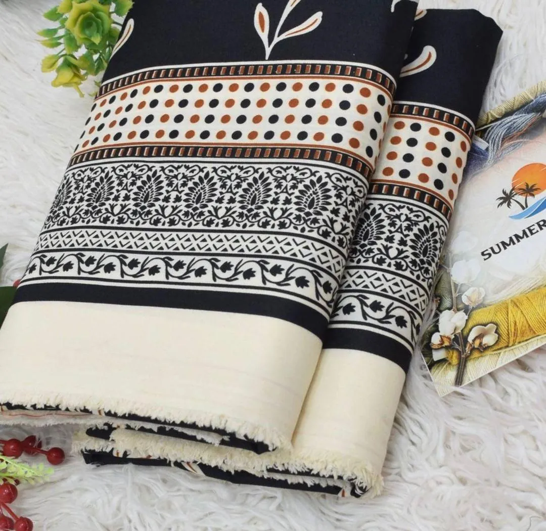 Stylish 2 Pcs Women’s Unstitched Digital Printed Micro Polo Cotton Suit – Black (Shirt & Trouser)