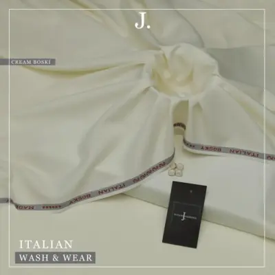 Men’s Wash & Wear Plain Unstitched Suit – Ivory Color, 4 Meter Summer Fabric with Brand Tag & Bag