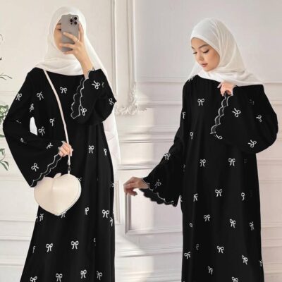 Women’s Black Georgette Embroidered Front Bow Full Abaya – Elegant U-Neck Modest Wear (55 Inch Length)