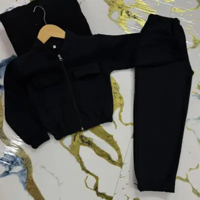 Black Fleece 2-Piece Tracksuit for Girls – Plain Hoodie & Ribbed Trouser (Ages 7–12 Years)