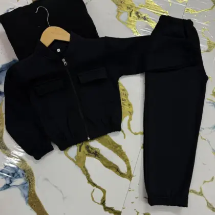 Black Fleece 2-Piece Tracksuit for Girls – Plain Hoodie & Ribbed Trouser (Ages 7–12 Years)