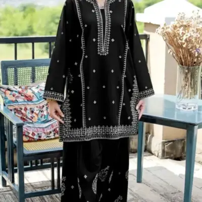 Women’s 2-Piece Unstitched Embroidered Lawn Suit – Black | Lawn Embroidered Shirt & Cotton Lawn Trouser (2.5m Each)