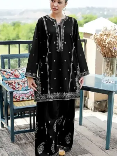 Women’s 2-Piece Unstitched Embroidered Lawn Suit – Black | Lawn Embroidered Shirt & Cotton Lawn Trouser (2.5m Each)