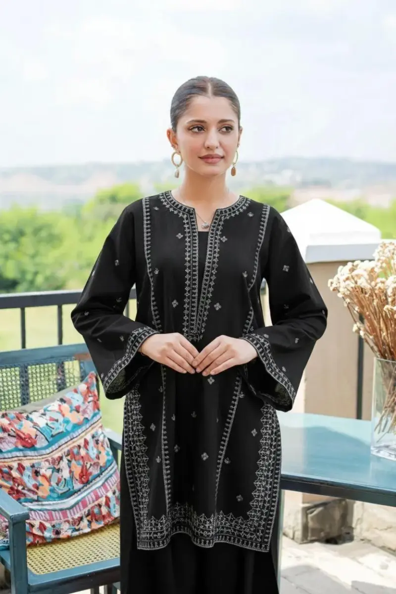 Women’s 2-Piece Unstitched Embroidered Lawn Suit – Black | Lawn Embroidered Shirt & Cotton Lawn Trouser (2.5m Each)