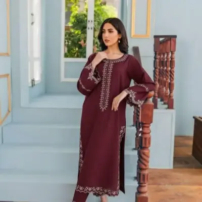 Women’s 2-Piece Unstitched Embroidered Lawn Suit – Maroon | Lawn Embroidered Shirt & Cotton Lawn Trouser (2.5m Each)