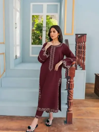 Women’s 2-Piece Unstitched Embroidered Lawn Suit – Maroon | Lawn Embroidered Shirt & Cotton Lawn Trouser (2.5m Each)