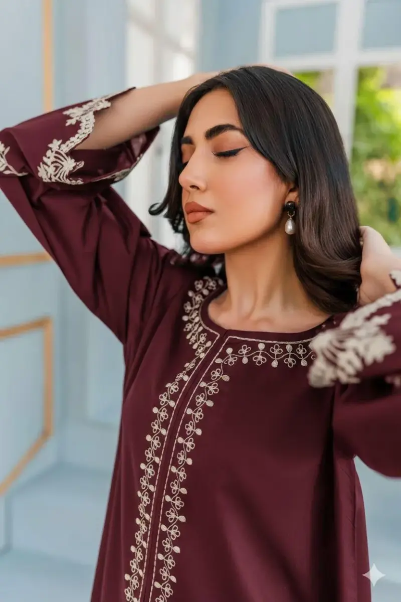 Women’s 2-Piece Unstitched Embroidered Lawn Suit – Maroon | Lawn Embroidered Shirt & Cotton Lawn Trouser (2.5m Each)