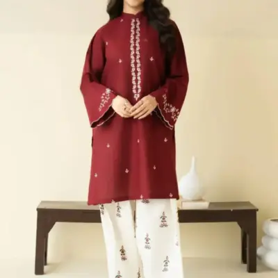 Women’s 2-Piece Unstitched Embroidered Lawn Suit – Maroon | Embroidered Shirt & Cotton Lawn Trouser (2.5m Each)