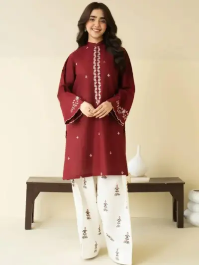 Women’s 2-Piece Unstitched Embroidered Lawn Suit – Maroon | Embroidered Shirt & Cotton Lawn Trouser (2.5m Each)