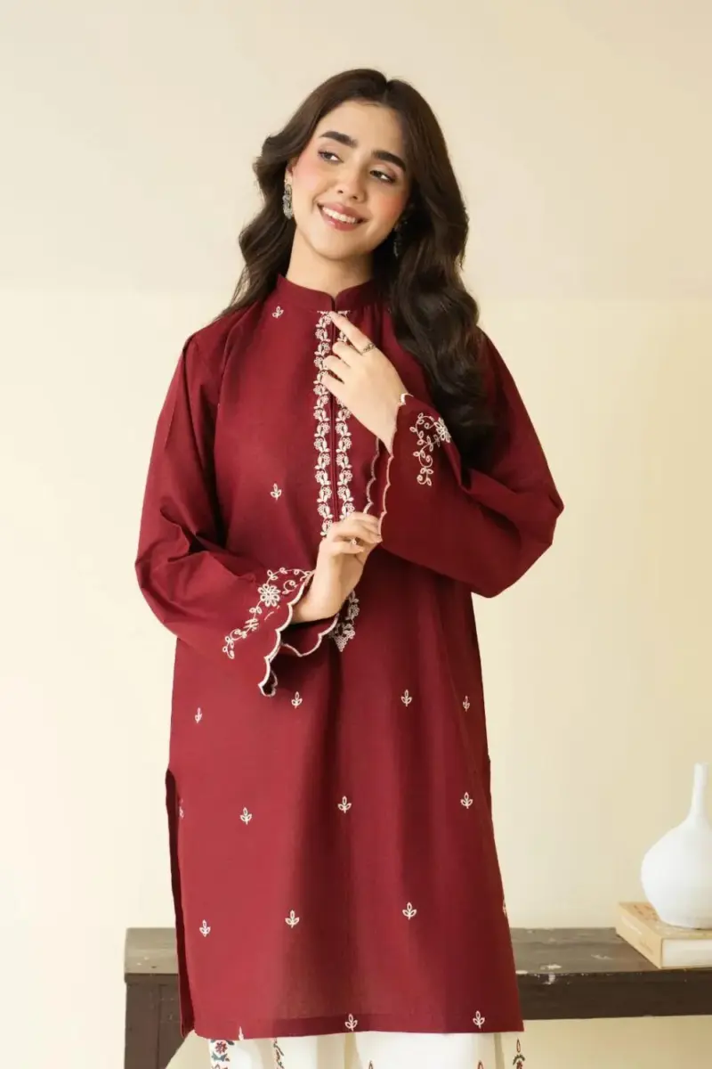 Women’s 2-Piece Unstitched Embroidered Lawn Suit – Maroon | Embroidered Shirt & Cotton Lawn Trouser (2.5m Each)