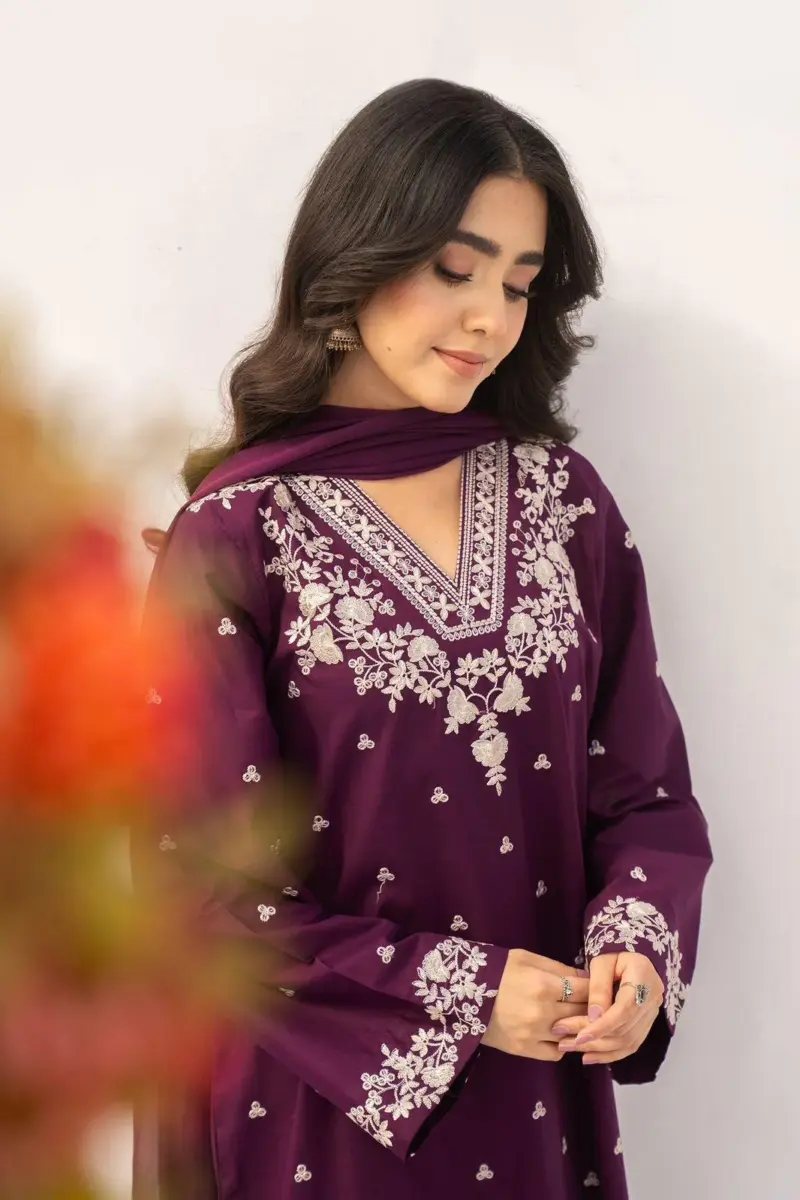 Women’s 2 Pcs Unstitched Embroidered Lawn Suit – Purple | Cotton Lawn Trouser (2.5 Meter Each)