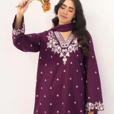 Women’s 2 Pcs Unstitched Embroidered Lawn Suit – Purple | Cotton Lawn Trouser (2.5 Meter Each)