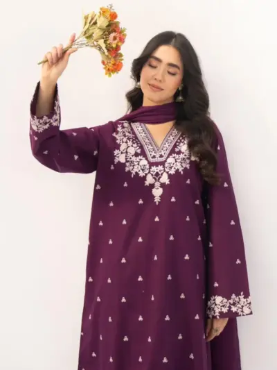 Women’s 2 Pcs Unstitched Embroidered Lawn Suit – Purple | Cotton Lawn Trouser (2.5 Meter Each)