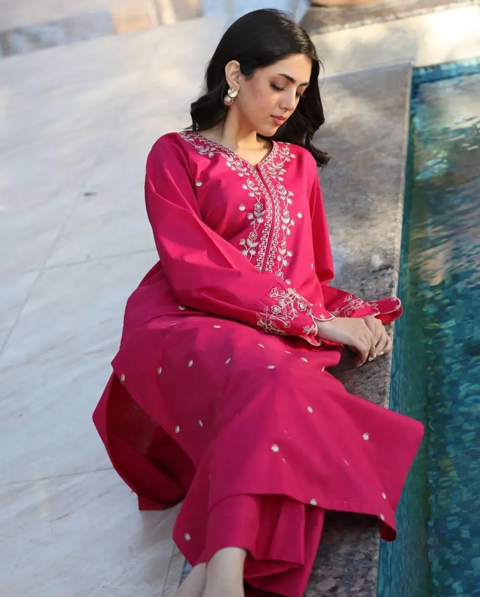 Women’s 2 Pcs Unstitched Embroidered Lawn Suit – Pink | Cotton Lawn Trouser (2.5 Meter Each)