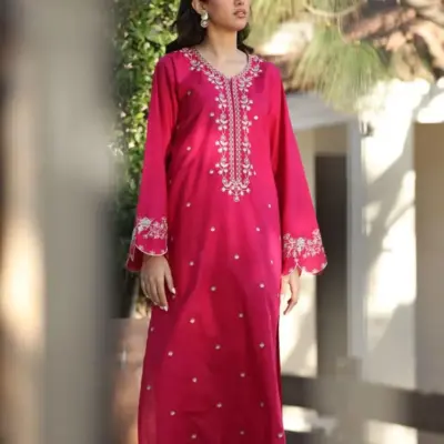 Women’s 2 Pcs Unstitched Embroidered Lawn Suit – Pink | Cotton Lawn Trouser (2.5 Meter Each)