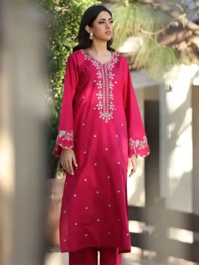 Women’s 2 Pcs Unstitched Embroidered Lawn Suit – Pink | Cotton Lawn Trouser (2.5 Meter Each)