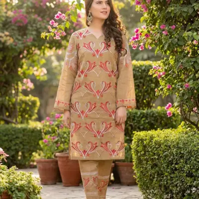 Motifze 2 Pcs Women’s Unstitched Embroidered Viscose Suit – Brown, Shirt 2.75m, Trouser 2.25m