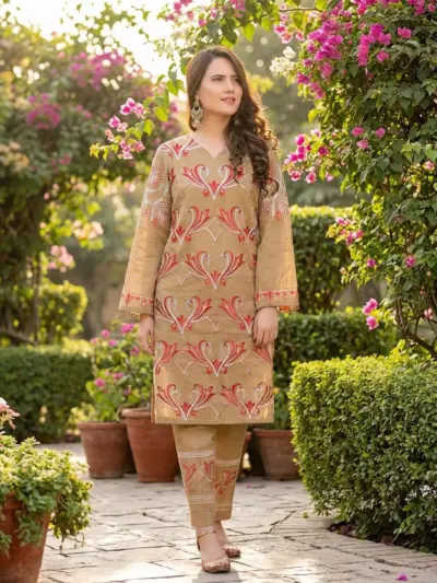 Motifze 2 Pcs Women’s Unstitched Embroidered Viscose Suit – Brown, Shirt 2.75m, Trouser 2.25m