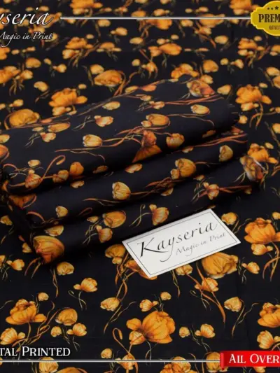Kyseriya Women’s 2-Piece Unstitched Printed Khaddar Suit – Black (Shirt & Trouser 2.5m Each)