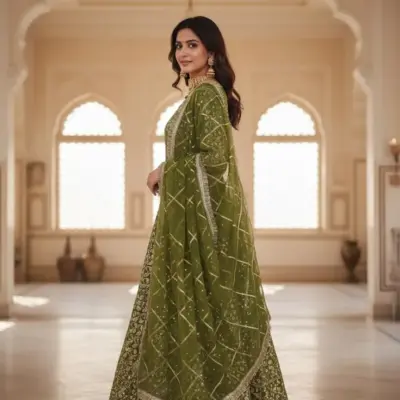 Women’s 3 Pcs Unstitched Printed Chiffon Suit – Green | Silk Trouser & Net Dupatta (2.25m Shirt, 4m Trouser)