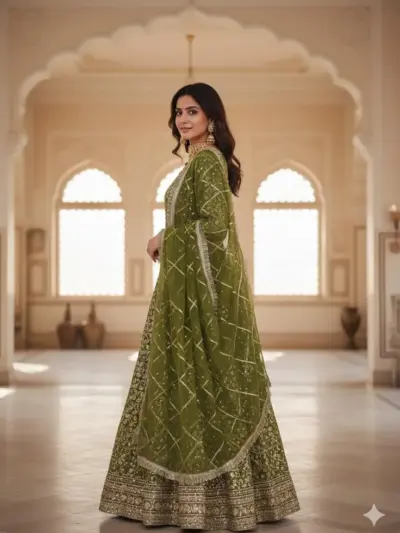 Women’s 3 Pcs Unstitched Printed Chiffon Suit – Green | Silk Trouser & Net Dupatta (2.25m Shirt, 4m Trouser)