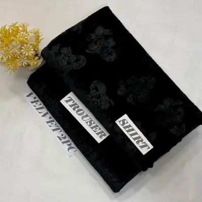 Motifze 2 Pcs Women’s Unstitched Printed Velvet Suit – Black, Shirt & Trouser 2 Gazz