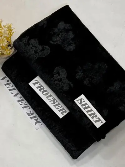 Motifze 2 Pcs Women’s Unstitched Printed Velvet Suit – Black, Shirt & Trouser 2 Gazz
