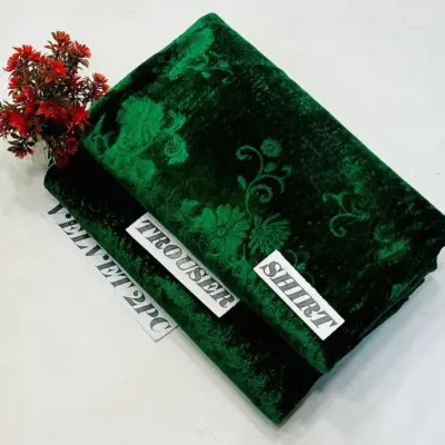 Motifze 2 Pcs Women’s Unstitched Printed Velvet Suit – Green, Shirt & Trouser 2 Gazz