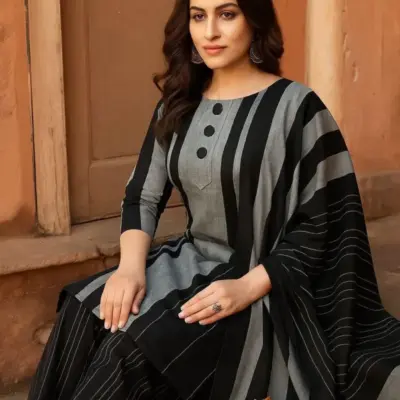 Black 3 Pcs Women’s Unstitched Printed Sussi Suit – Shirt, Trouser & Dupatta with Buttons