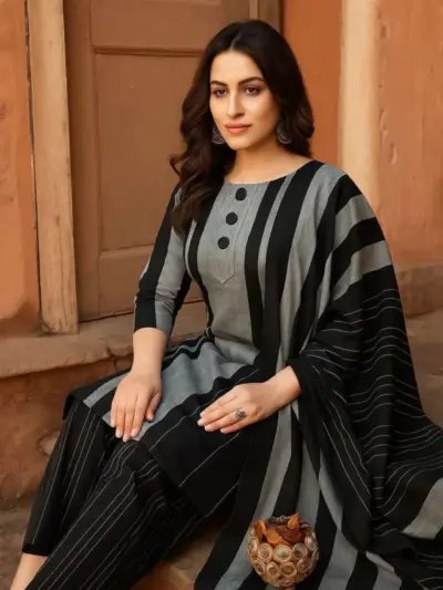 Black 3 Pcs Women’s Unstitched Printed Sussi Suit – Shirt, Trouser & Dupatta with Buttons