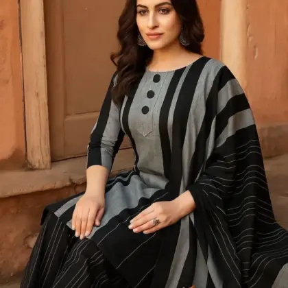 Black 3 Pcs Women’s Unstitched Printed Sussi Suit – Shirt, Trouser & Dupatta with Buttons