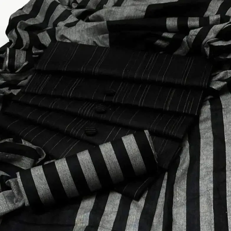 Black 3 Pcs Women’s Unstitched Printed Sussi Suit – Shirt, Trouser & Dupatta with Buttons