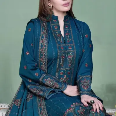 NOOR E FAJAR Women’s 3-Piece Unstitched Embroidered Dhanak Suit – Blue (Shirt, Trouser & Dupatta)