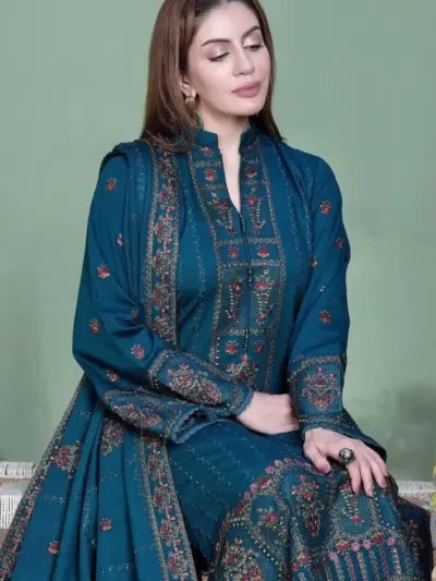 NOOR E FAJAR Women’s 3-Piece Unstitched Embroidered Dhanak Suit – Blue (Shirt, Trouser & Dupatta)