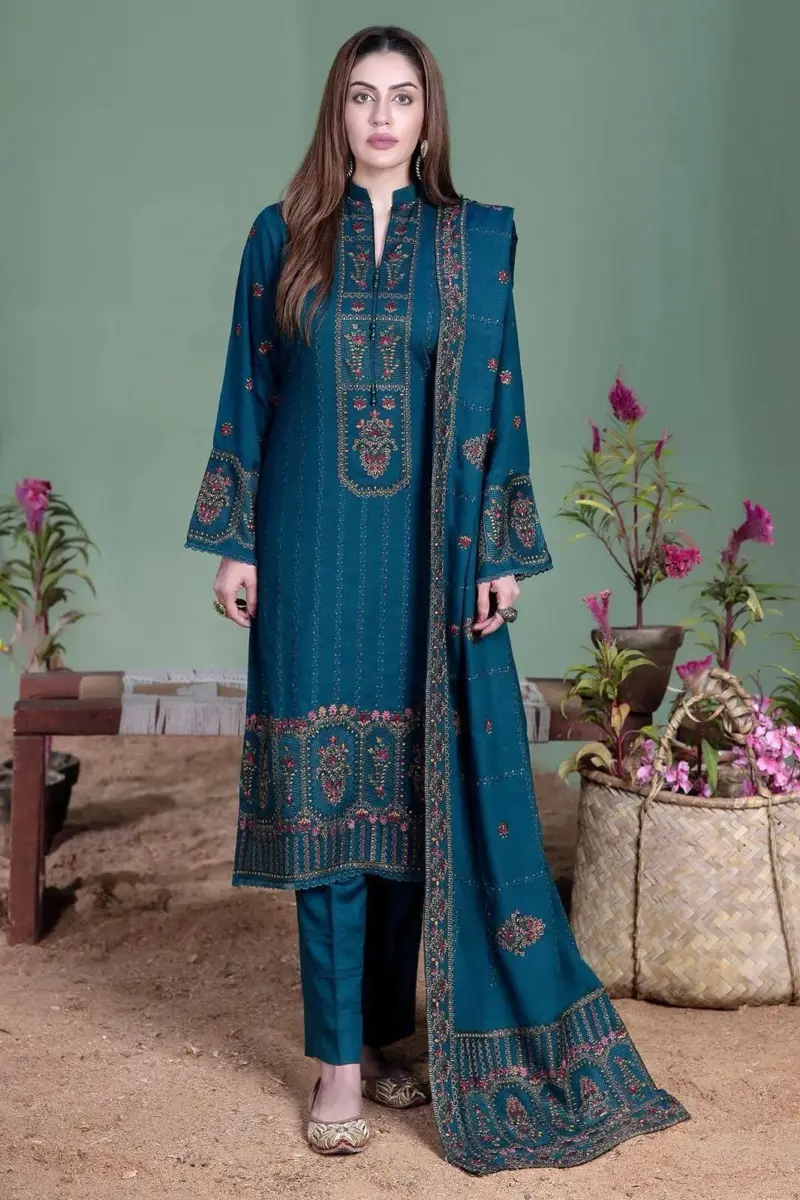 NOOR E FAJAR Women’s 3-Piece Unstitched Embroidered Dhanak Suit – Blue (Shirt, Trouser & Dupatta)
