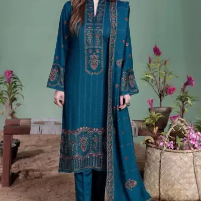 Noor-e-Fajar 3 Pcs Women’s Unstitched Embroidered Dhanak Suit – Blue (Shirt, Trouser & Dupatta)