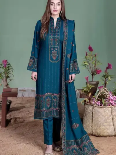 Noor-e-Fajar 3 Pcs Women’s Unstitched Embroidered Dhanak Suit – Blue (Shirt, Trouser & Dupatta)