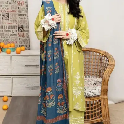 MIX Most Hit Articles Women’s 3 Pcs Unstitched Embroidered Lawn Suit – Yellow | Digital Printed Diamond Dupatta (3m Shirt)