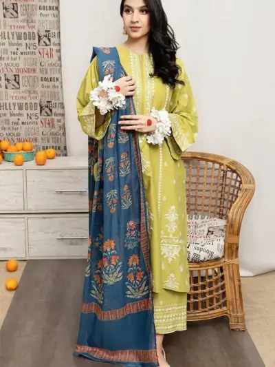 MIX Most Hit Articles Women’s 3 Pcs Unstitched Embroidered Lawn Suit – Yellow | Digital Printed Diamond Dupatta (3m Shirt)
