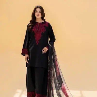 MIX Most Hit Articles Women’s 3 Pcs Unstitched Embroidered Lawn Suit – Black | Digital Printed Diamond Dupatta (3m Shirt)