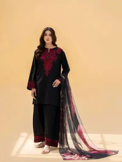 MIX Most Hit Articles Women’s 3 Pcs Unstitched Embroidered Lawn Suit – Black | Digital Printed Diamond Dupatta (3m Shirt)