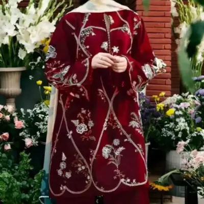 MIX Most Hit Articles Women’s 3-Piece Unstitched Embroidered Lawn Suit – Maroon | Shirt, Trouser & Diamond Dupatta