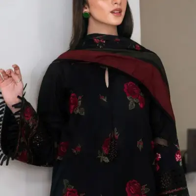 MIX Most Hit Articles Women’s 3 Pcs Unstitched Embroidered Lawn Suit – Black | Digital Printed Diamond Dupatta (3m Shirt)