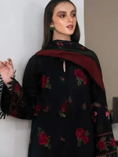 MIX Most Hit Articles Women’s 3 Pcs Unstitched Embroidered Lawn Suit – Black | Digital Printed Diamond Dupatta (3m Shirt)